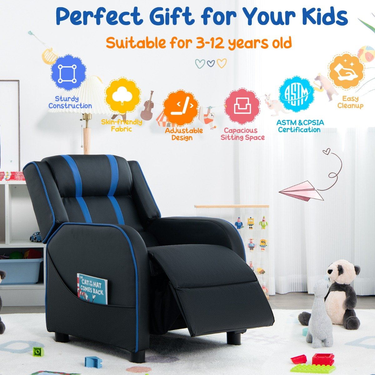 Kids Recliner Chair with Adjustable Backrest Footrest &amp; Side Pockets-Blue