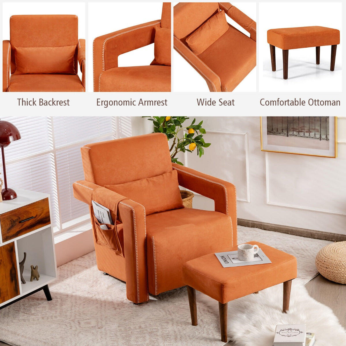 Upholstered Padded Accent Chair with Footstool and Lumbar Pillow-Orange