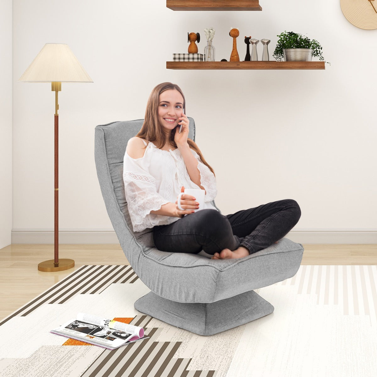 4-Position Adjustable Floor Chair with Swivel Base-Grey