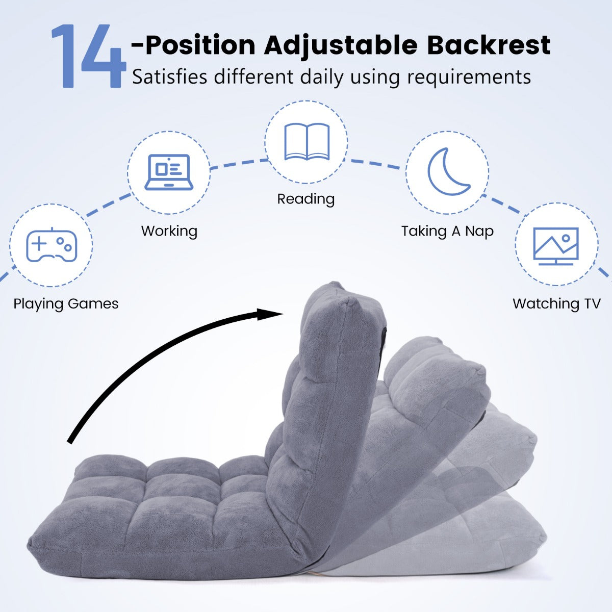 Coral Velvet Floor Gaming Chair with 14-Position Adjustable Back-Grey