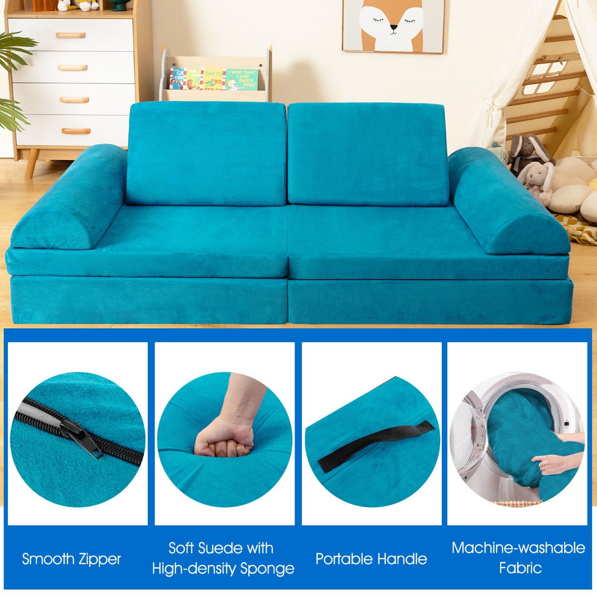 6 Pieces Modular Convertible Kids Play Couch Sofa-Green