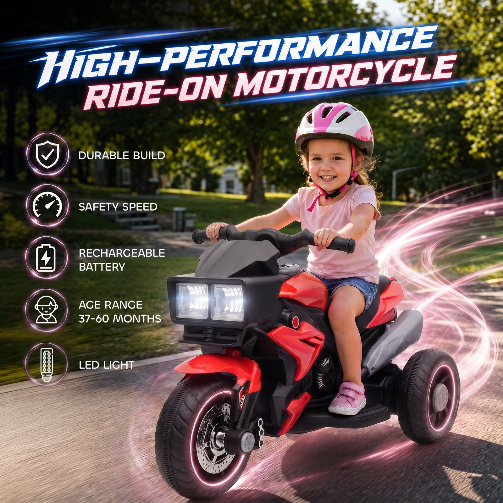 AIYAPLAY Kids Electric Motorcycle Ride-On Toy, 3-Wheel Battery-Operated Motorbike with Horn, Toddler Ride On Bike, Red