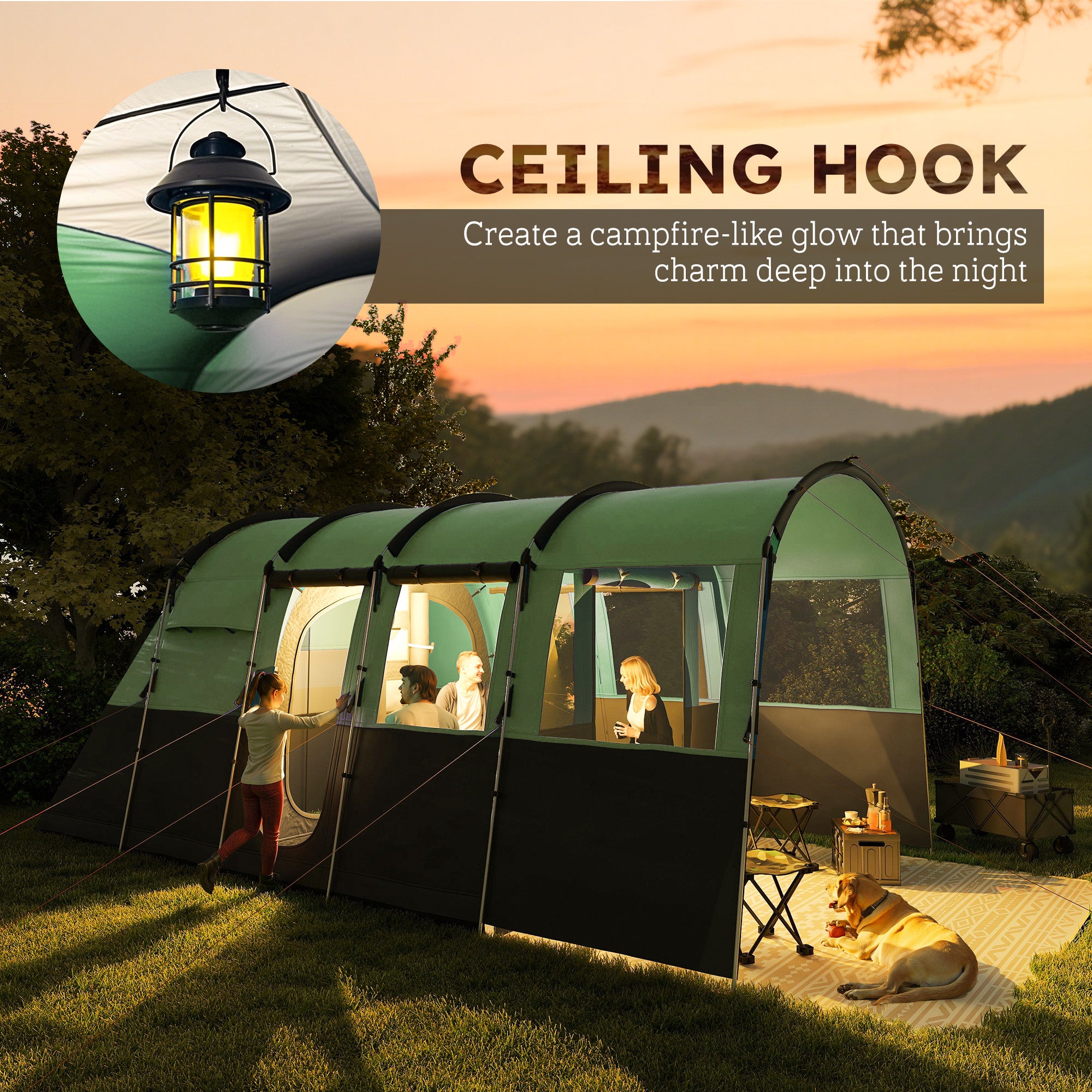Outsunny 8-Person Camping Tent, Waterproof Family Tent, Tunnel Design, 4 Large Windows, Sleeping Cabins 3000mm Water Column Green