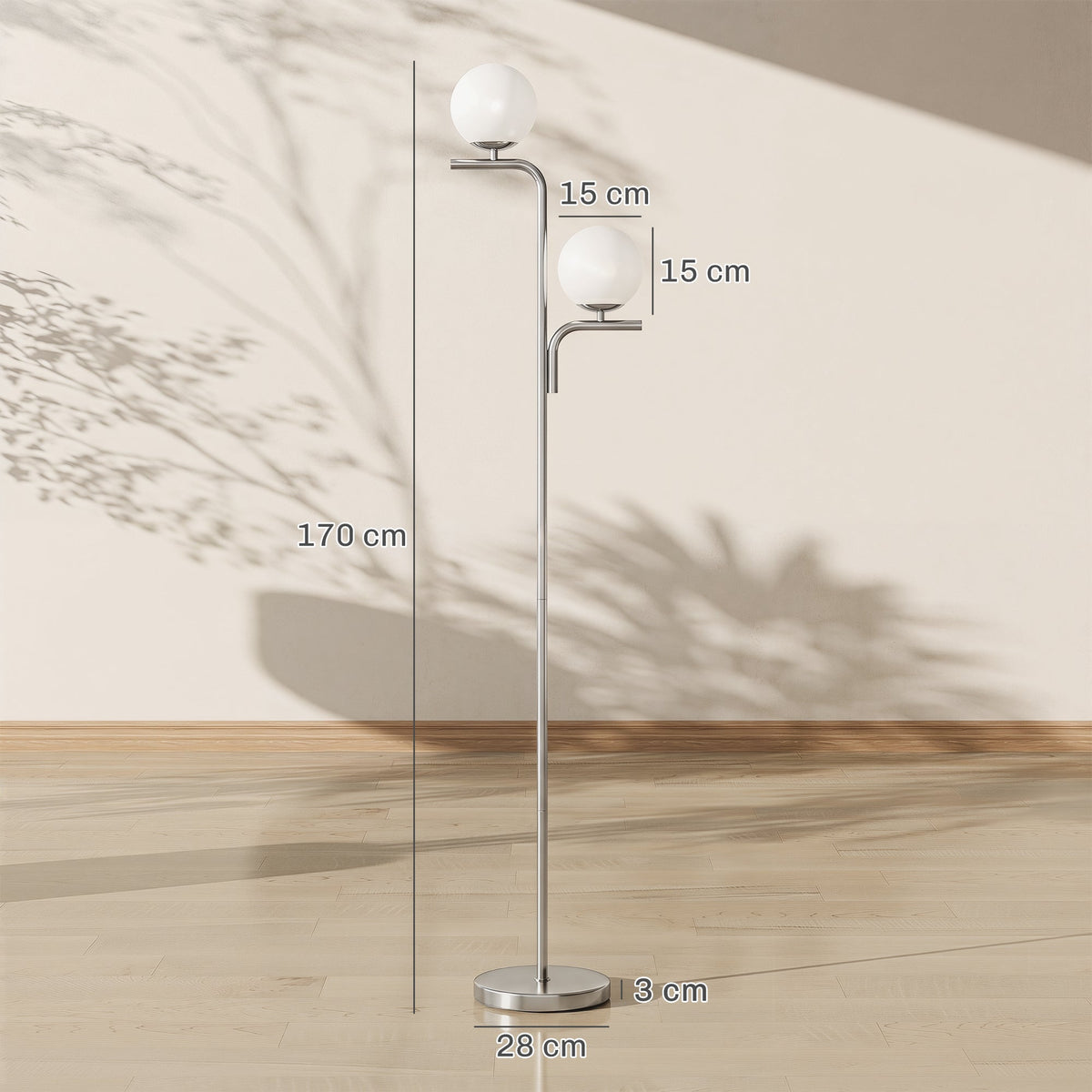 HOMCOM LED Floor Lamp, Modern Standing Lamp with 3 Colour Temperatures, Globe Glass Shades and Foot Switch, Silver Tone