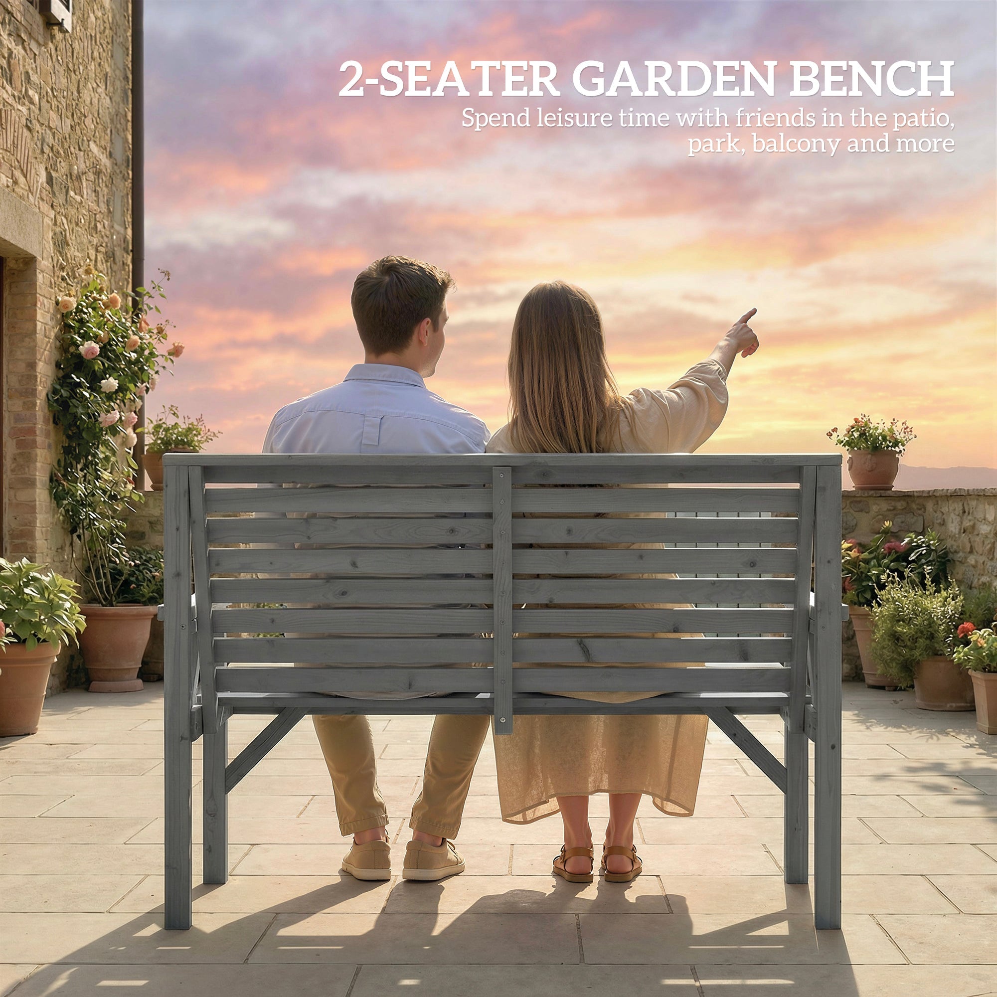 Outsunny 2 Seater Wooden Garden Bench, Slatted Patio Bench with Armrest and Backrest, Outdoor Furniture for Indoor, Balcony