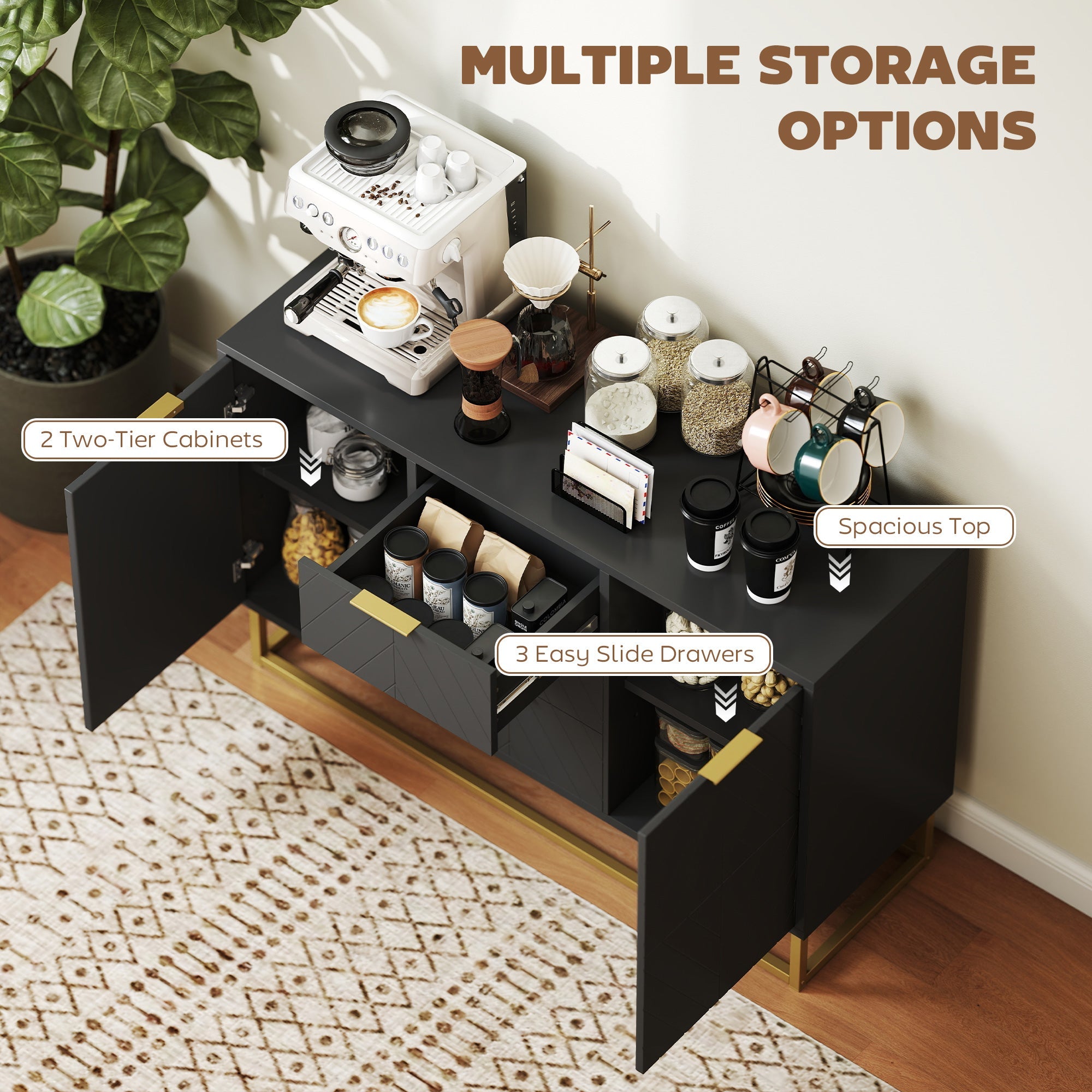 HOMCOM Sideboard with 3 Drawers and Adjustable Shelves for Living Room - Black