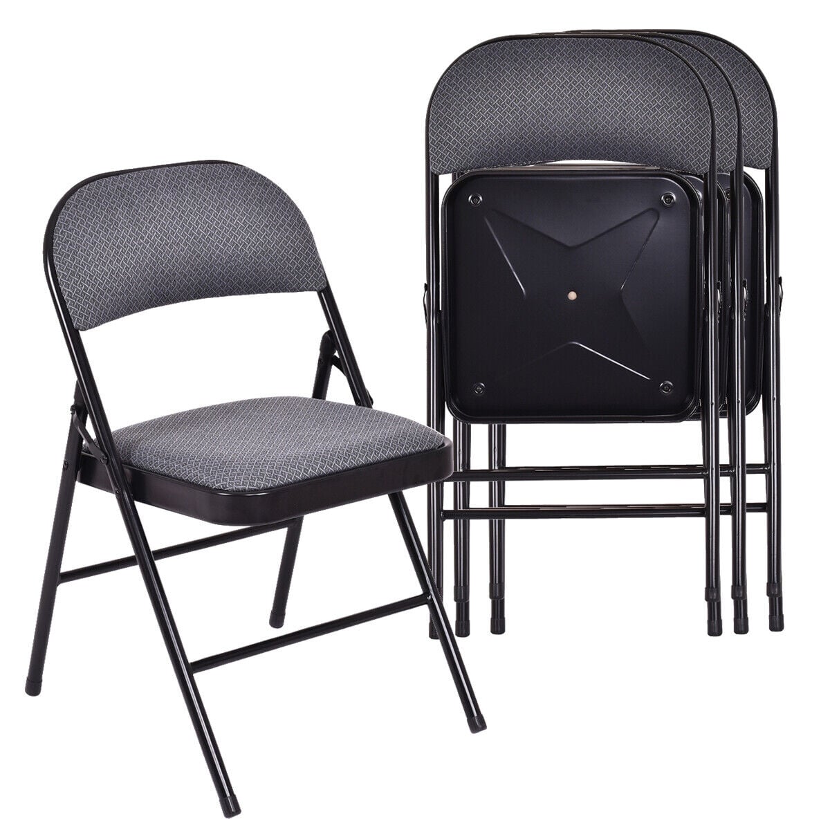 Set of 4 Folding Fabric Padded Chairs with Sponge Seat and Backrest-Grey