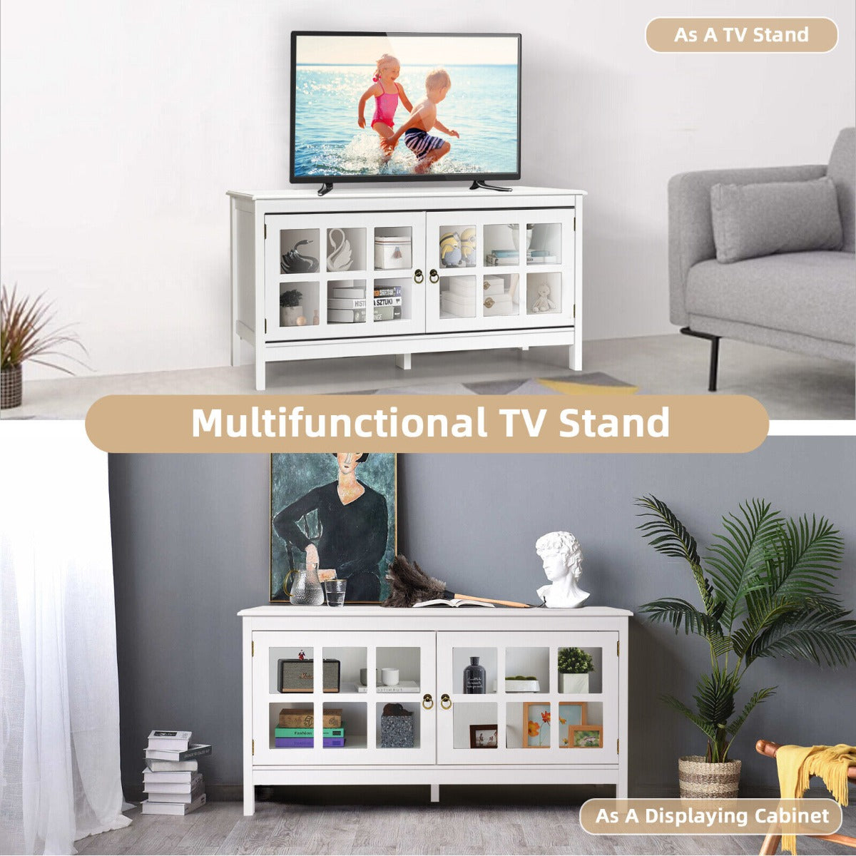Modern Wooden TV Stand with Tempered Glass Doors for TVs up to 50''-White