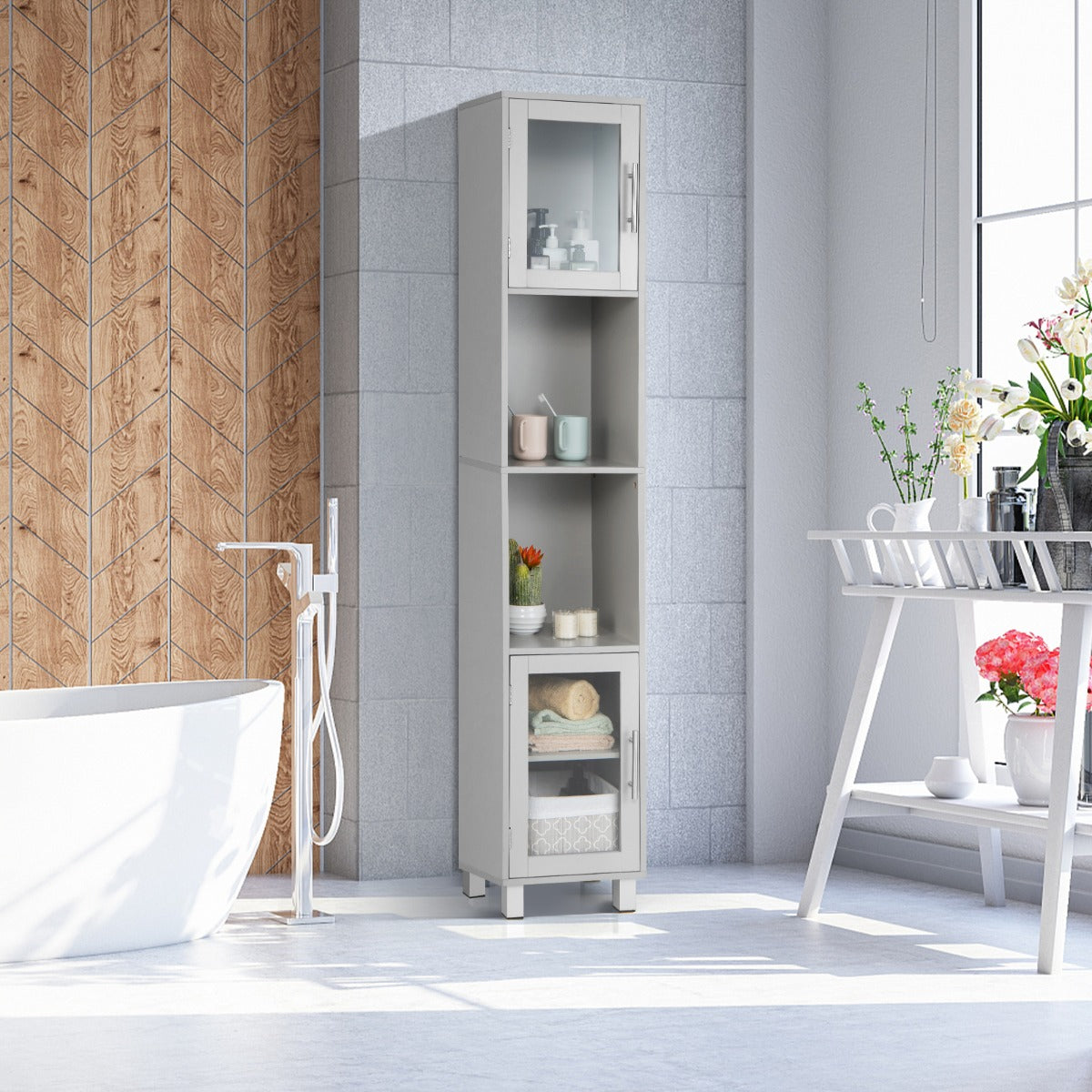 Freestanding Slim Wooden Bathroom Cabinet with Tempered Glass Doors-Grey