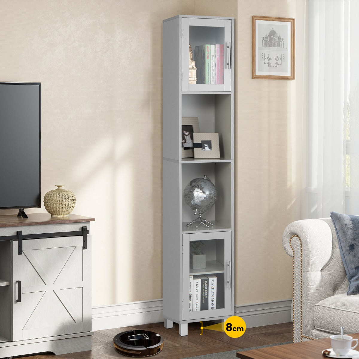 Freestanding Slim Wooden Bathroom Cabinet with Tempered Glass Doors-Grey