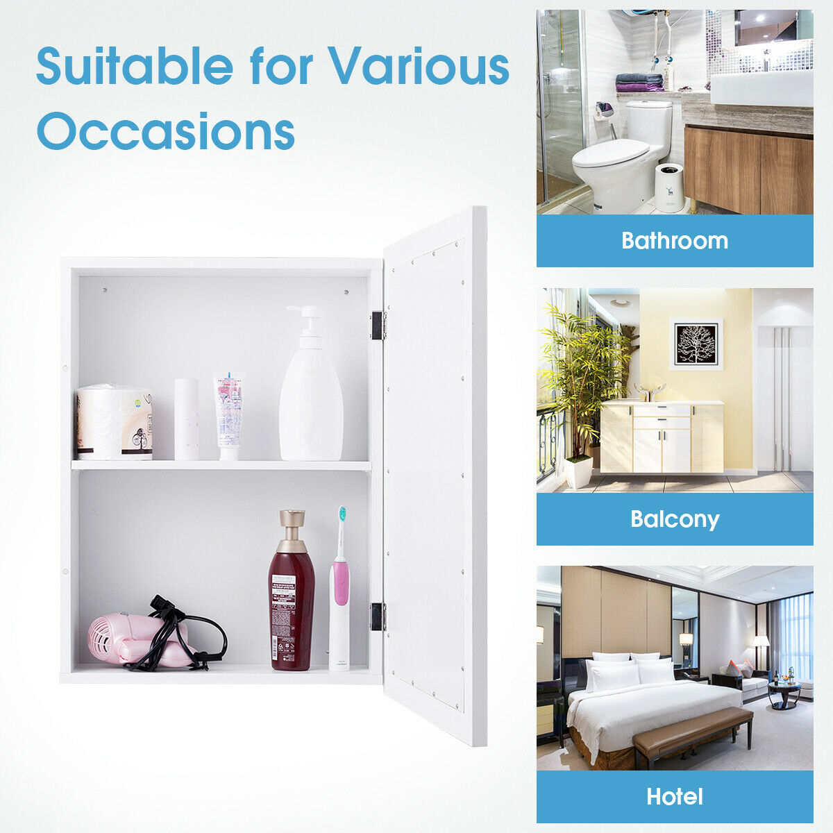 Adjustable Wall Mounted Storage Cupboard with Mirror for Bathroom-White