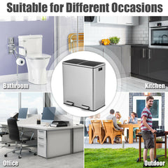Double Recycle Pedal Bin wth Dual Removable Compartments-Silver