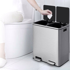 Double Recycle Pedal Bin wth Dual Removable Compartments-Silver