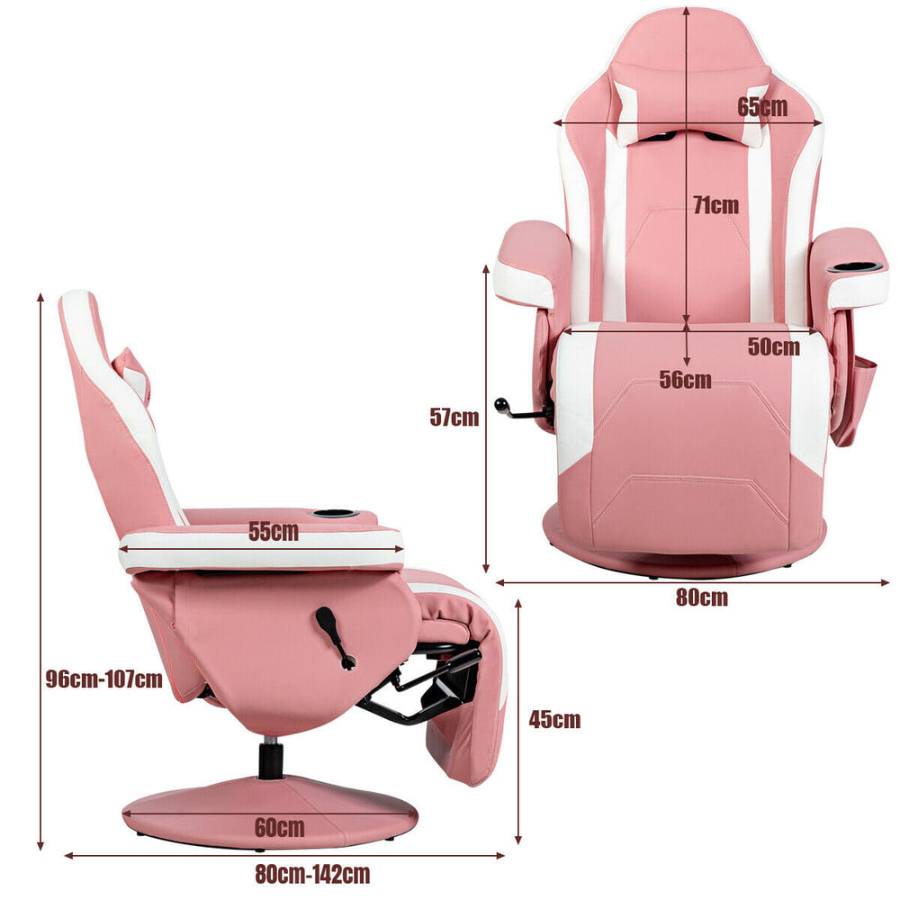 Dimensions for the pink and white gaming chair shown from side and front
