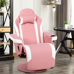 Pink and white gaming chair with cup holder in a home office setting