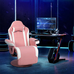 Pink and white gaming chair in a modern gaming room with neon lighting and futuristic decor