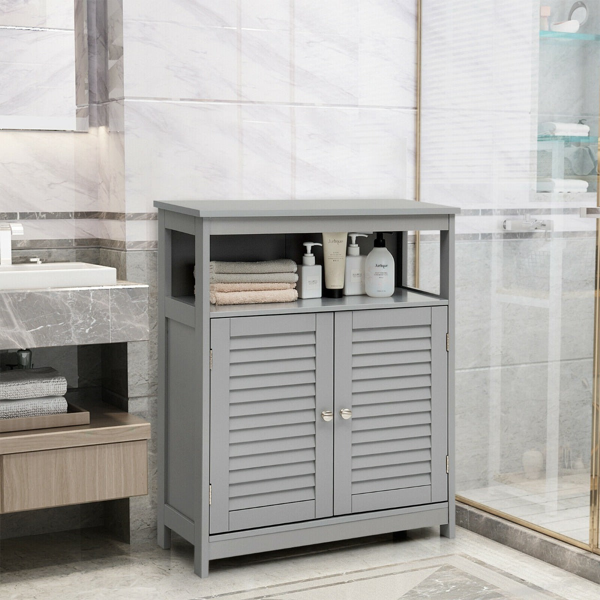 Bathroom Floor Cabinet with Double Shutter Door and Adjustable Shelf-Grey