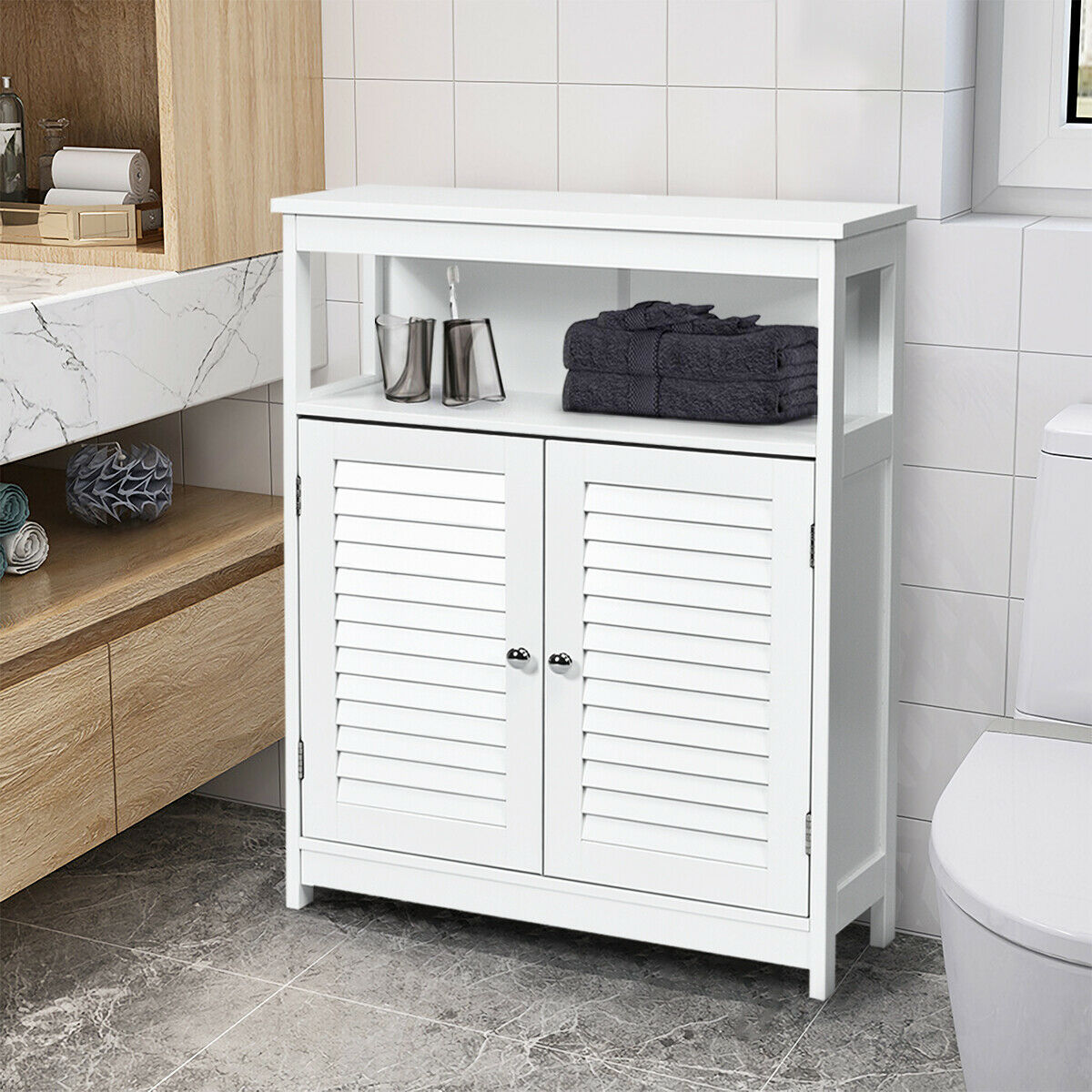 Bathroom Floor Cabinet with Double Shutter Door and Adjustable Shelf-White