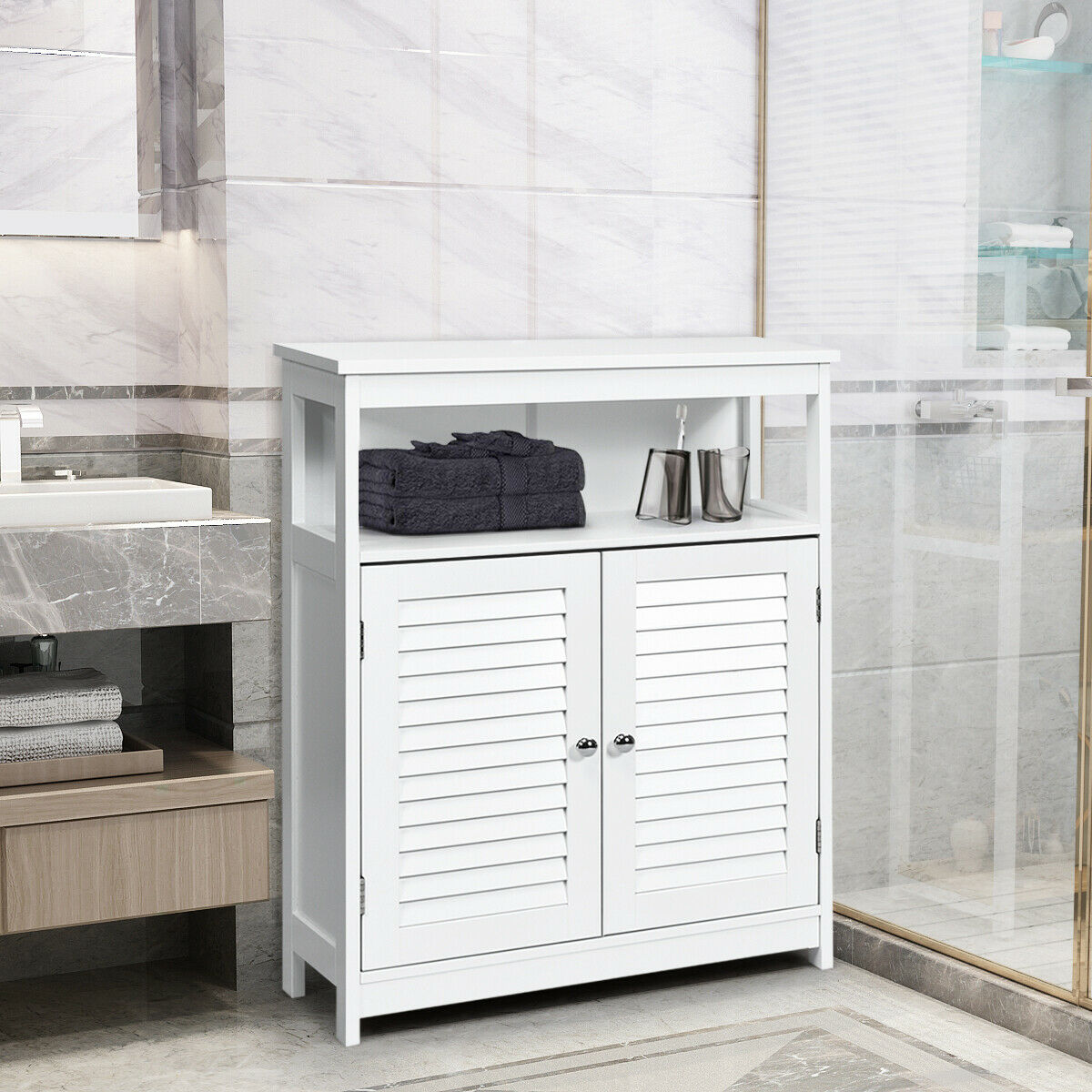 Bathroom Floor Cabinet with Double Shutter Door and Adjustable Shelf-White