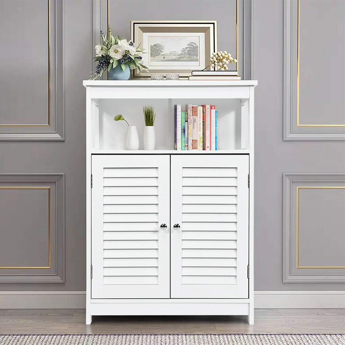 Bathroom Floor Cabinet with Double Shutter Door and Adjustable Shelf-White