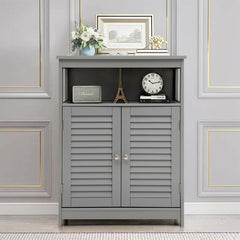 Bathroom Floor Cabinet with Double Shutter Door and Adjustable Shelf-Grey