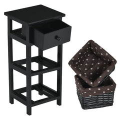 Bedside Table Made of Paulownia Wood in Country House Style-Black-2 Pieces
