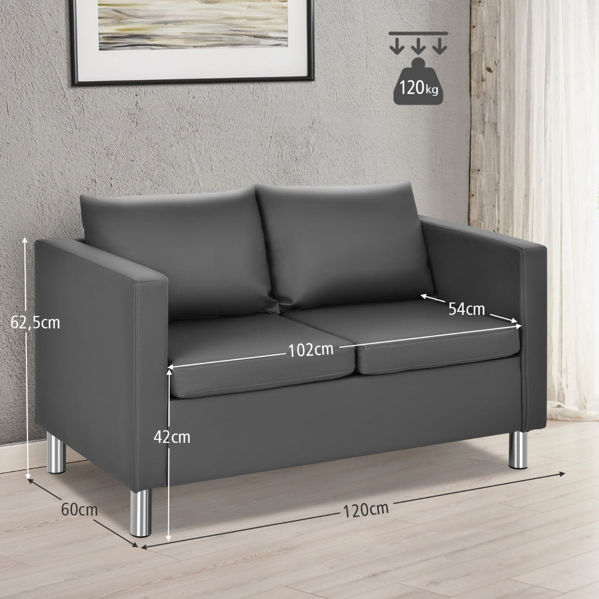 2-Seater PU Leather Accent Tub Sofa Loveseat with Pillows