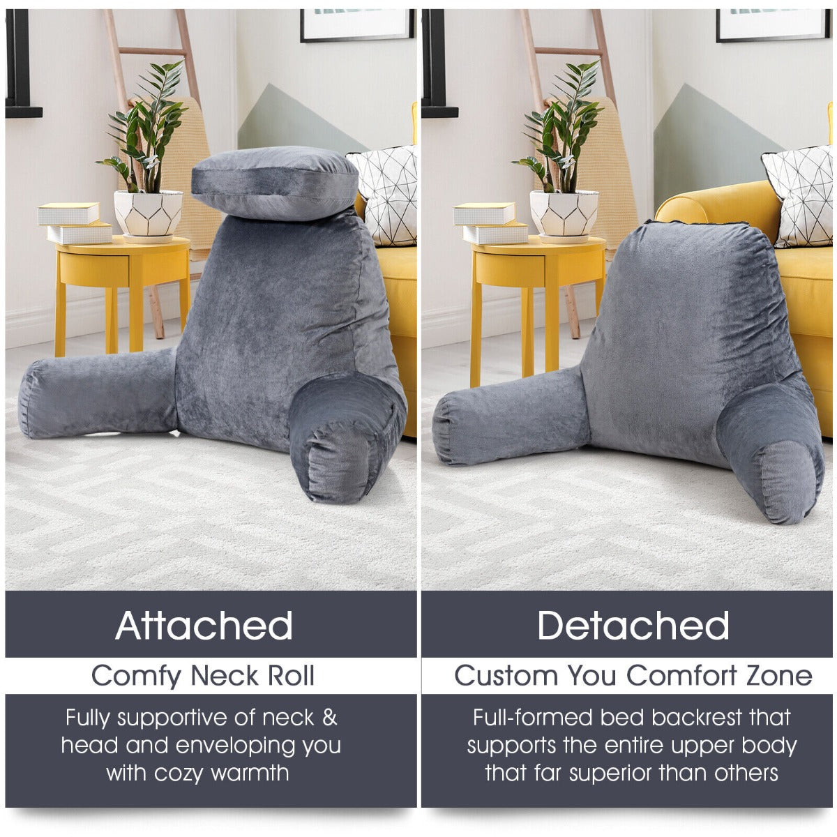 Extra Large Bed Rest Reading Pillow with Detachable Neck Roll-Grey