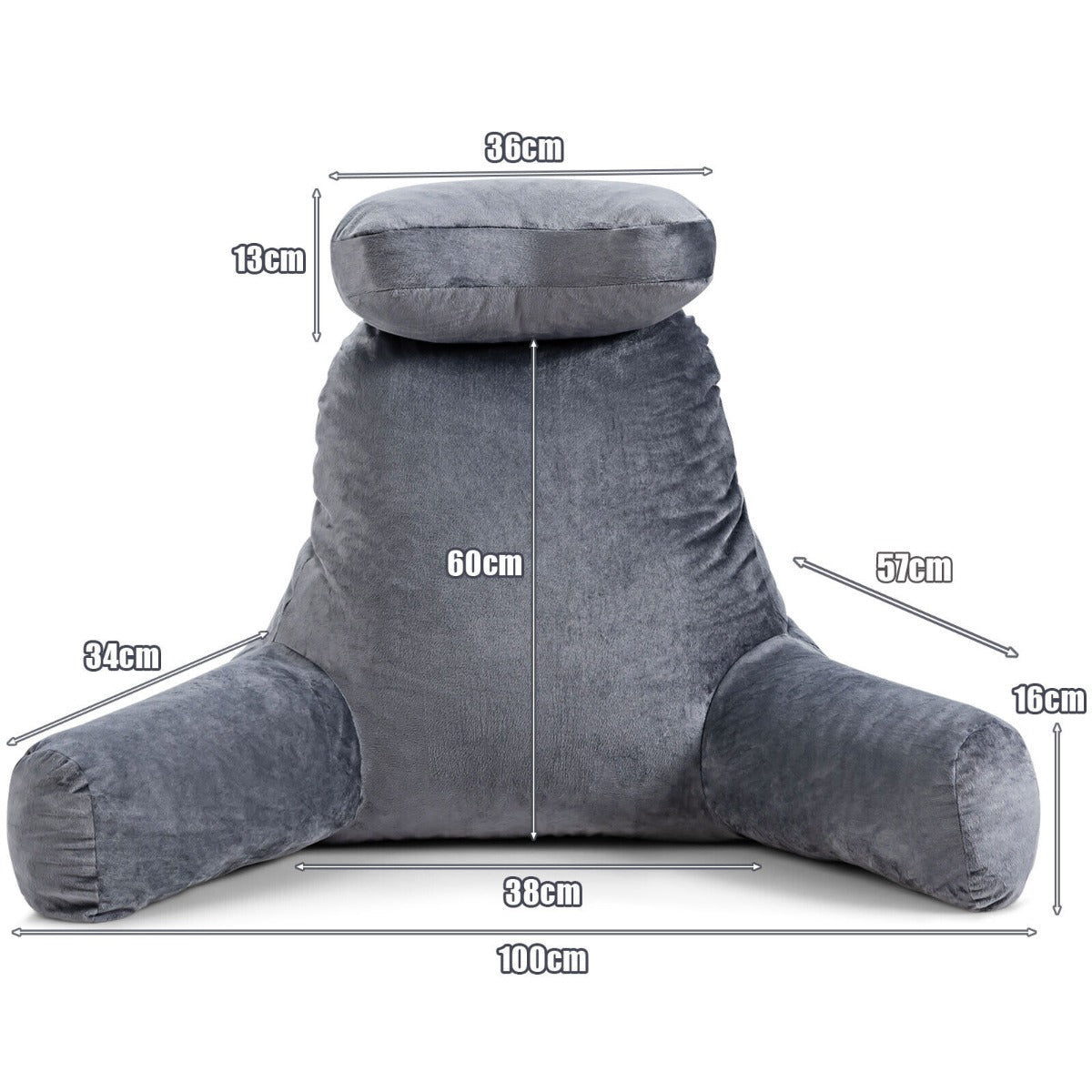 Extra Large Bed Rest Reading Pillow with Detachable Neck Roll-Grey