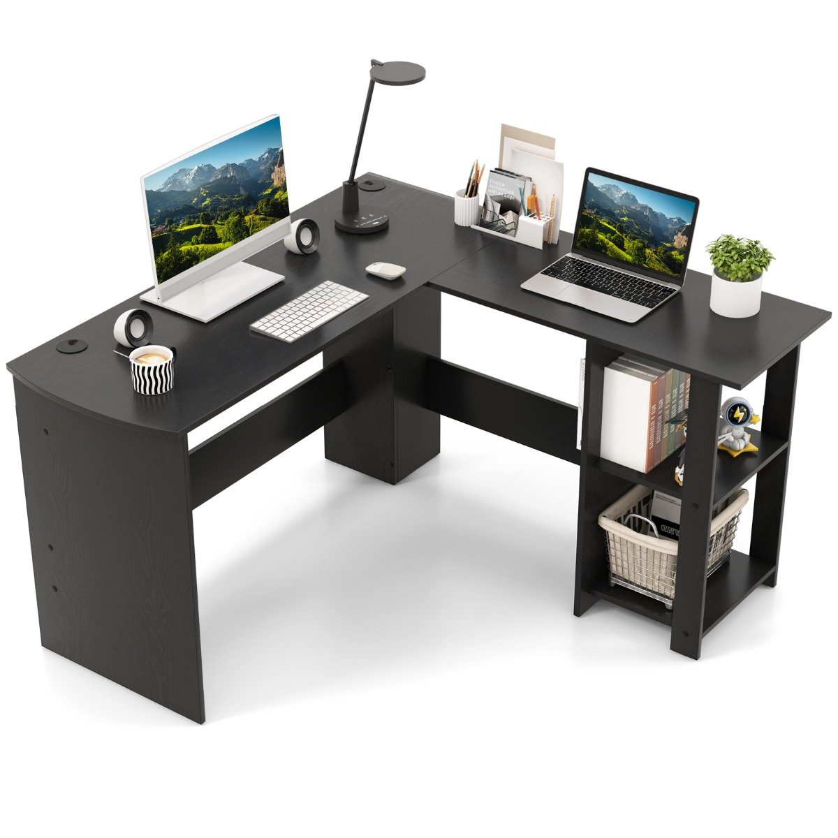L-Shaped Computer Desk with 2-Tier Open Shelves