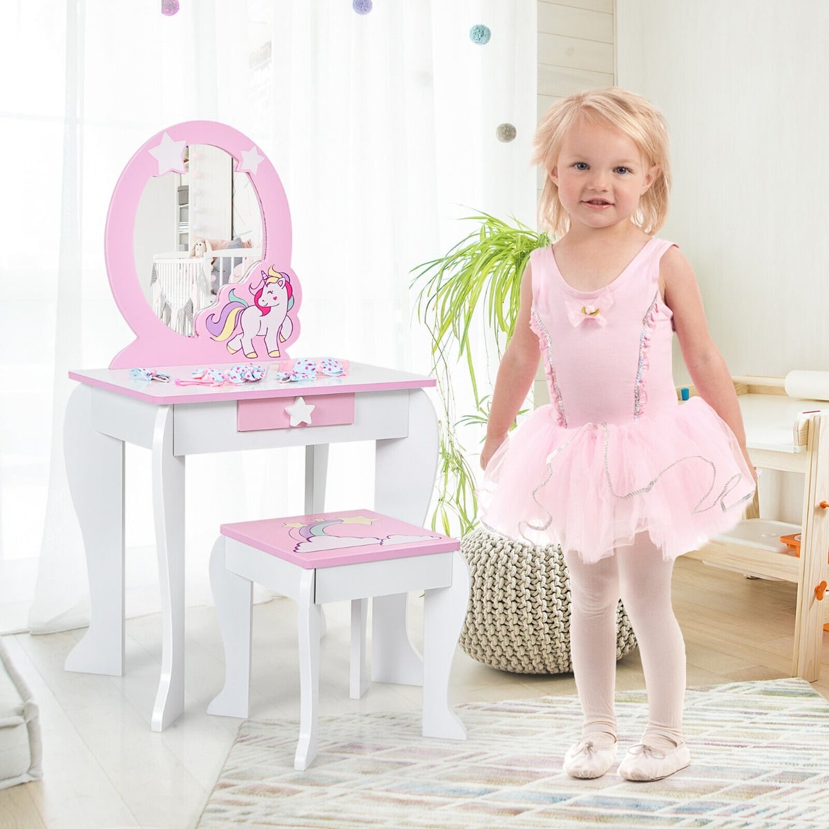 Kids Vanity Table and Chair Set with Mirror and Detachable Top-White