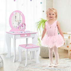 Kids Vanity Table and Chair Set with Mirror and Detachable Top-White