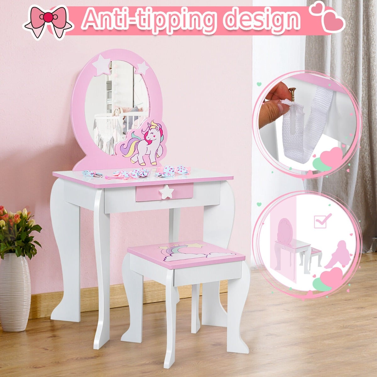 Kids Vanity Table and Chair Set with Mirror and Detachable Top-White