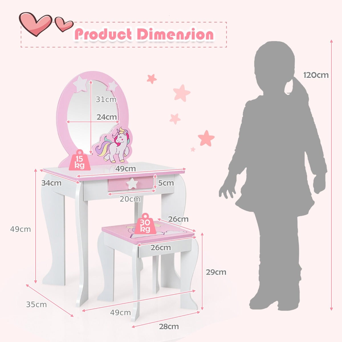 Kids Vanity Table and Chair Set with Mirror and Detachable Top-White
