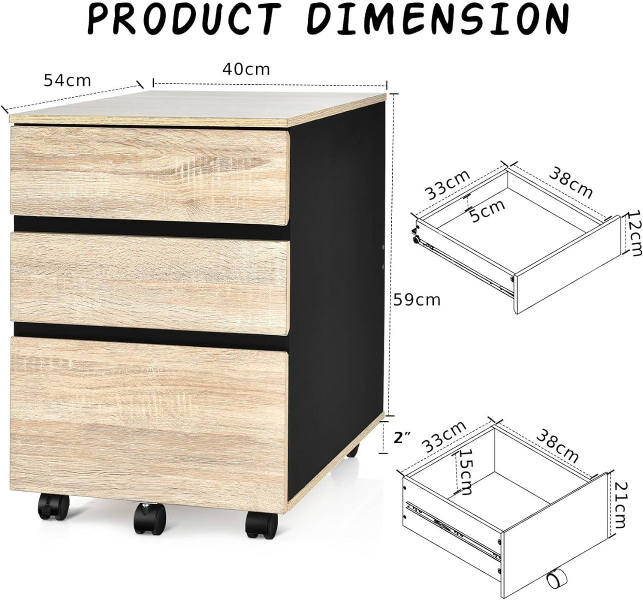 3-Drawer Mobile File Cabinet Vertical Filling Cabinet Under Desk