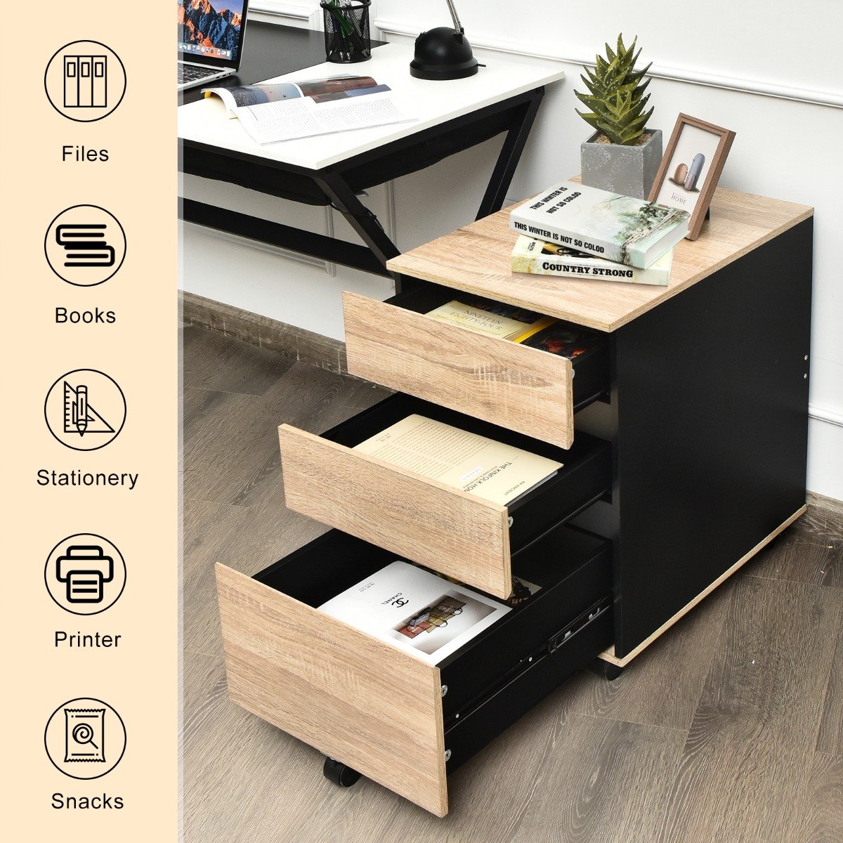 3-Drawer Mobile File Cabinet Vertical Filling Cabinet Under Desk