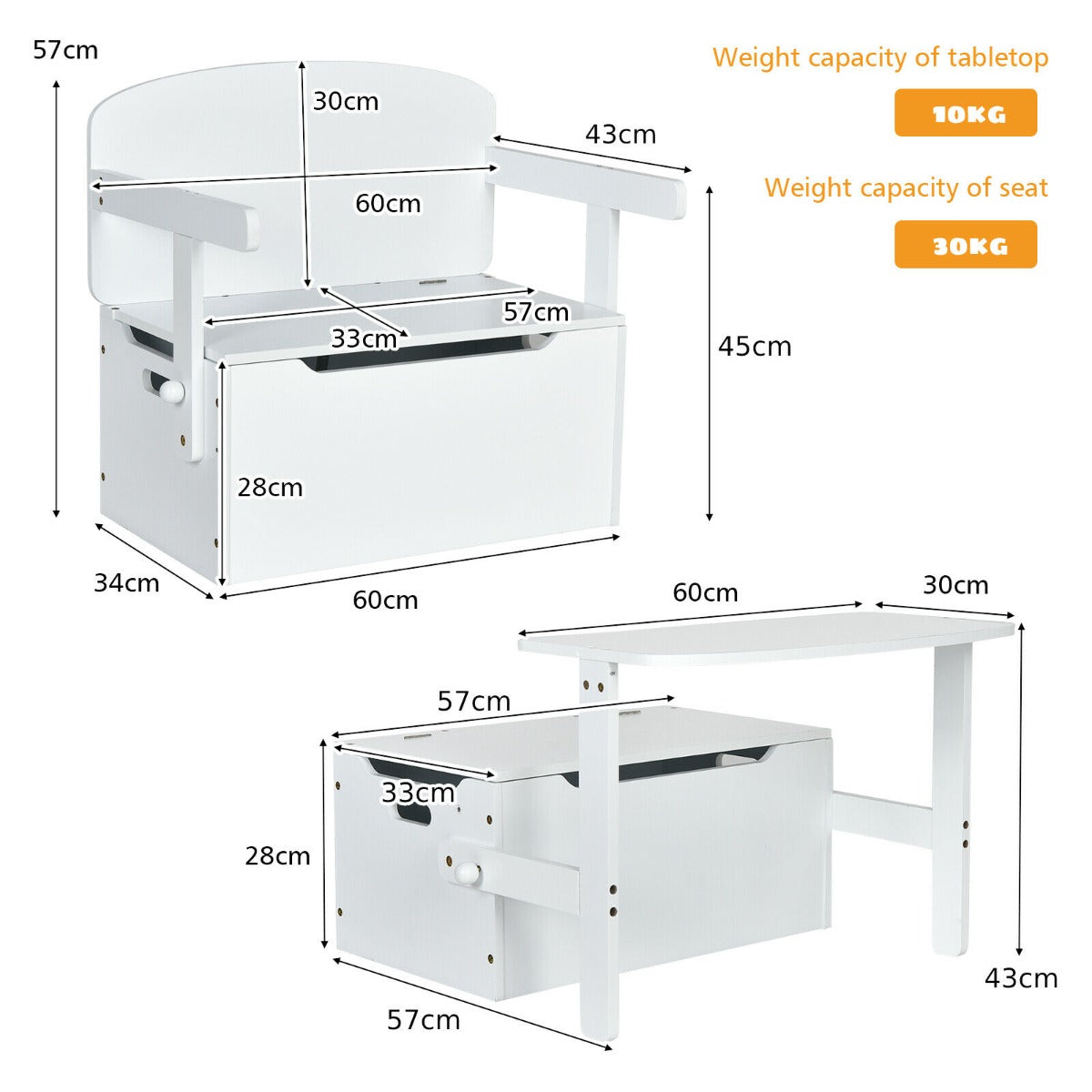 3-in-1 Kids Table and Chair Set with Toy Storage Box-White
