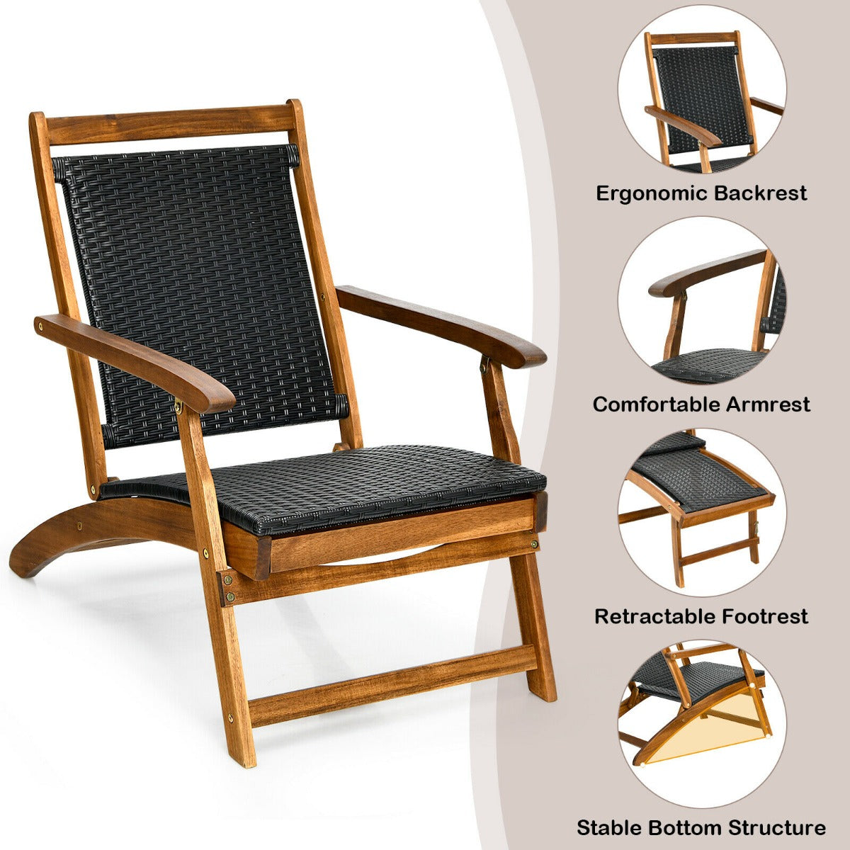 Folding Deck Reclining Chair with Retractable Footrest