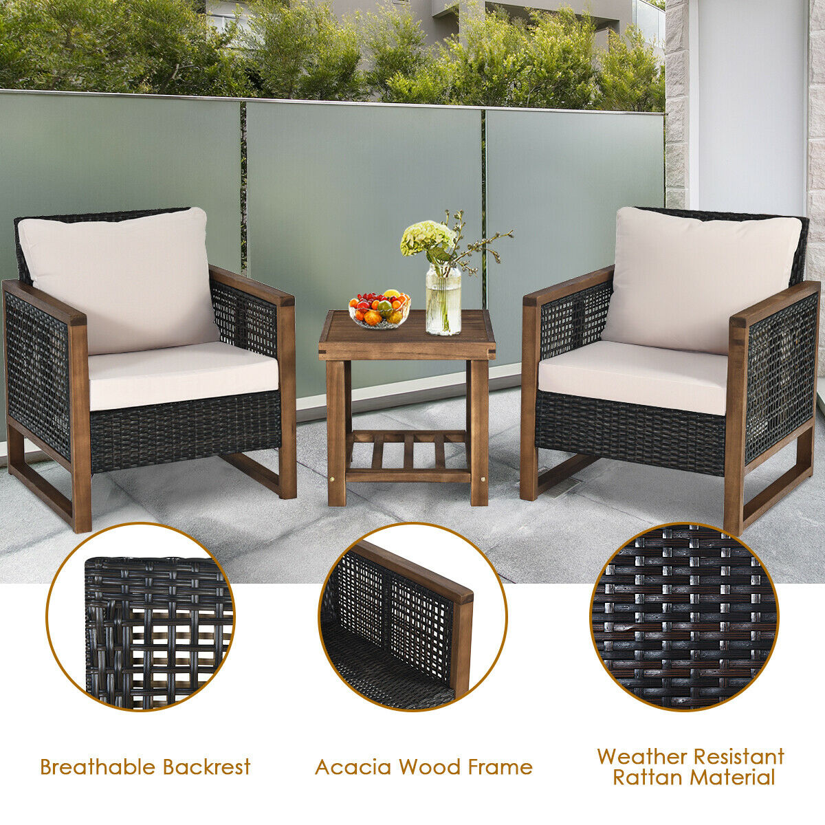 3 Pieces Outdoor Rattan Furniture Bistro Set with Cushioned Sofas-Beige