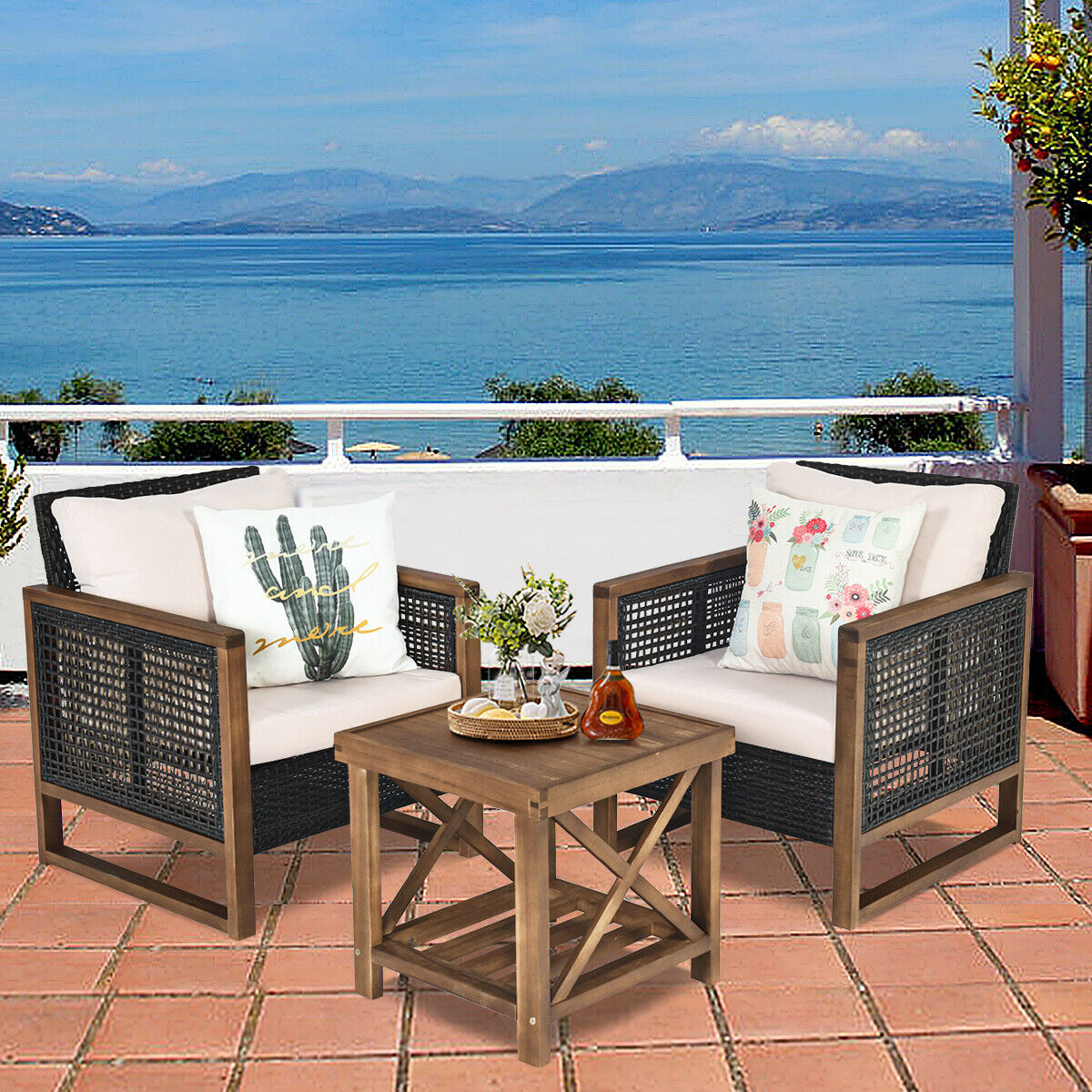 3 Pieces Outdoor Rattan Furniture Bistro Set with Cushioned Sofas-Beige