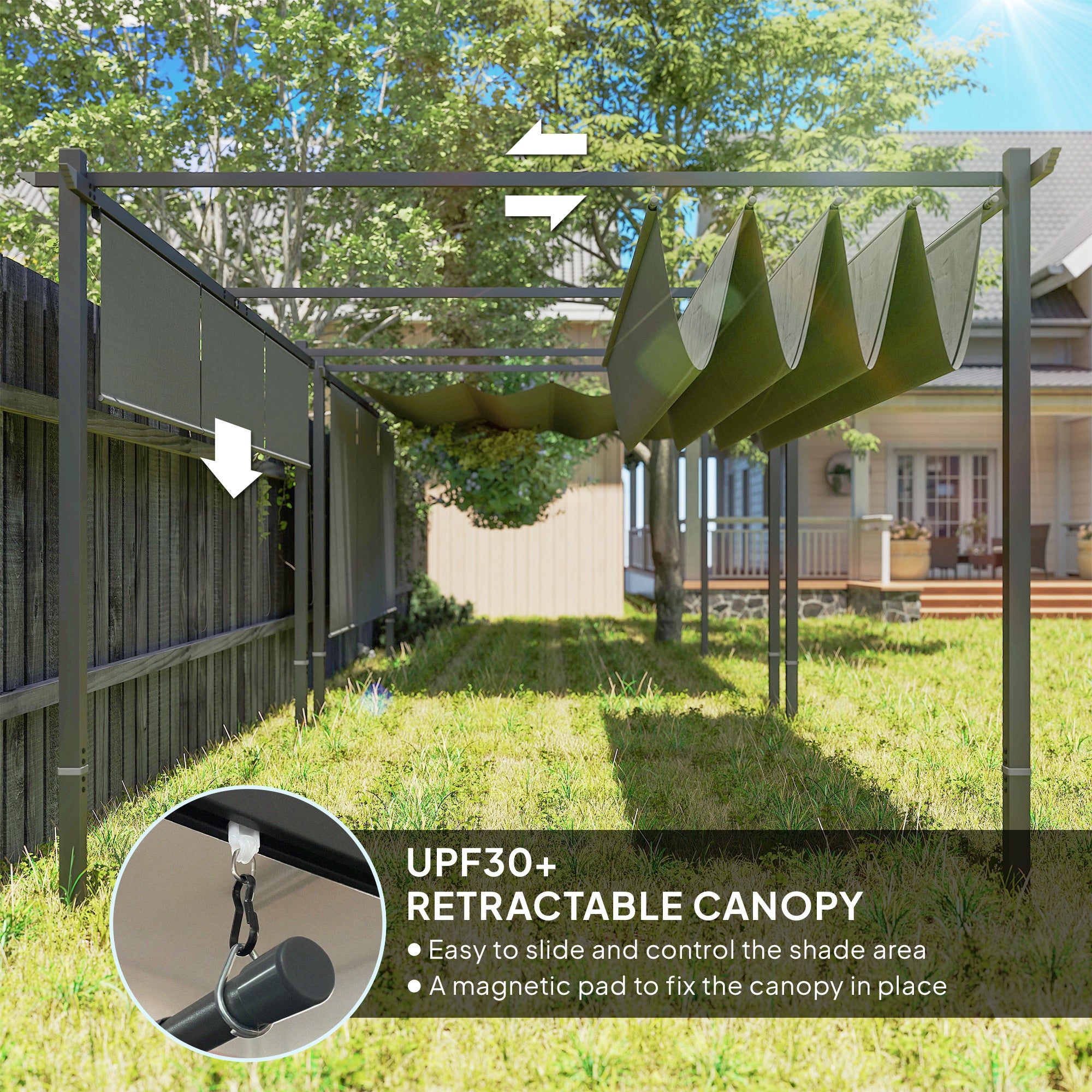 Outsunny 3 x 4m Metal Pergola with Retractable Roof and Roller Shade, Wall-Mounted or Free Standing Garden Gazebo Canopy Pergola Kit, UPF30+ Outdoor Sun Shade Shelter, Grey