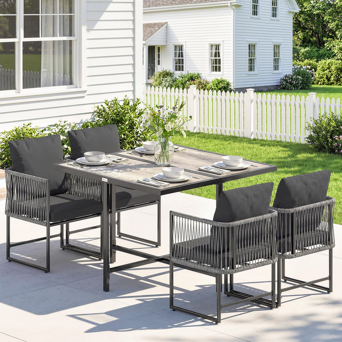 Outsunny 4-Seater Garden Dining Set, Rattan Outdoor Furniture with Space-Saving Chairs and Thick Cushions for Patio Balcony Black