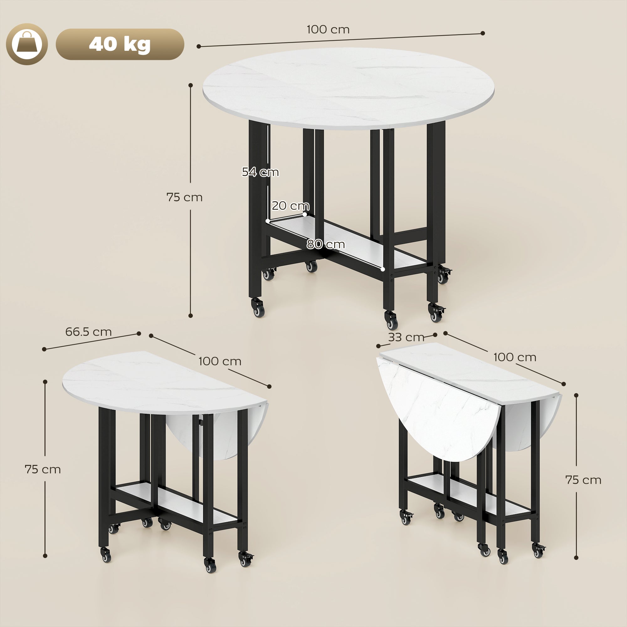 HOMCOM Folding Dining Table, Drop Leaf Table with Open Shelf, Rolling Kitchen Table for Dining Room, Small Spaces, White Marble
