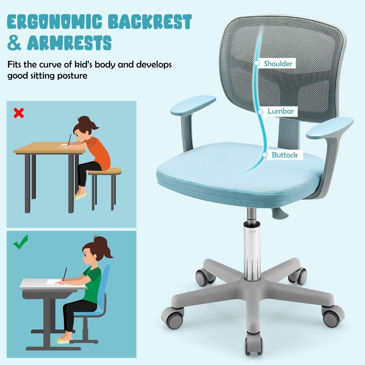Kids Height-Adjustable Swivel Computer Desk Chair with Lumbar Support-Blue