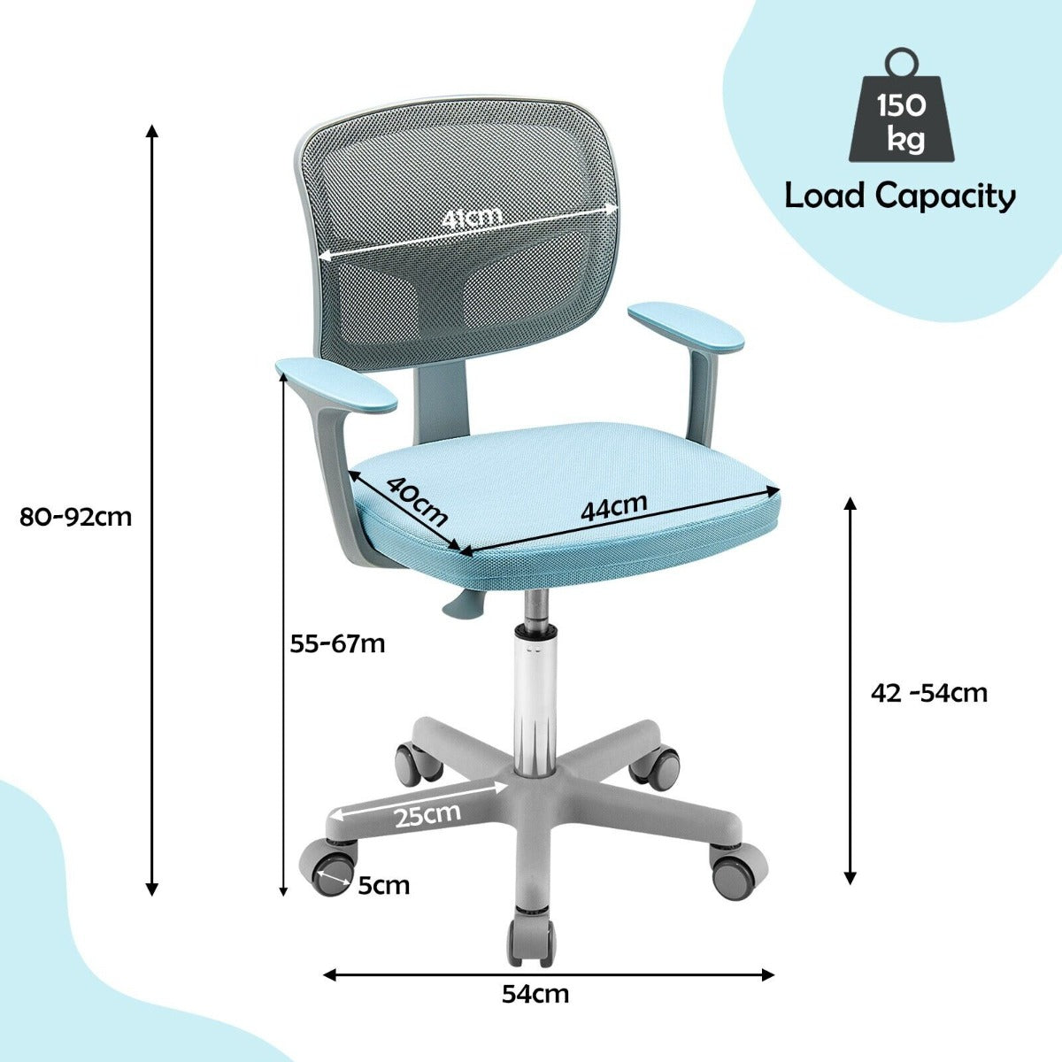 Kids Height-Adjustable Swivel Computer Desk Chair with Lumbar Support-Blue