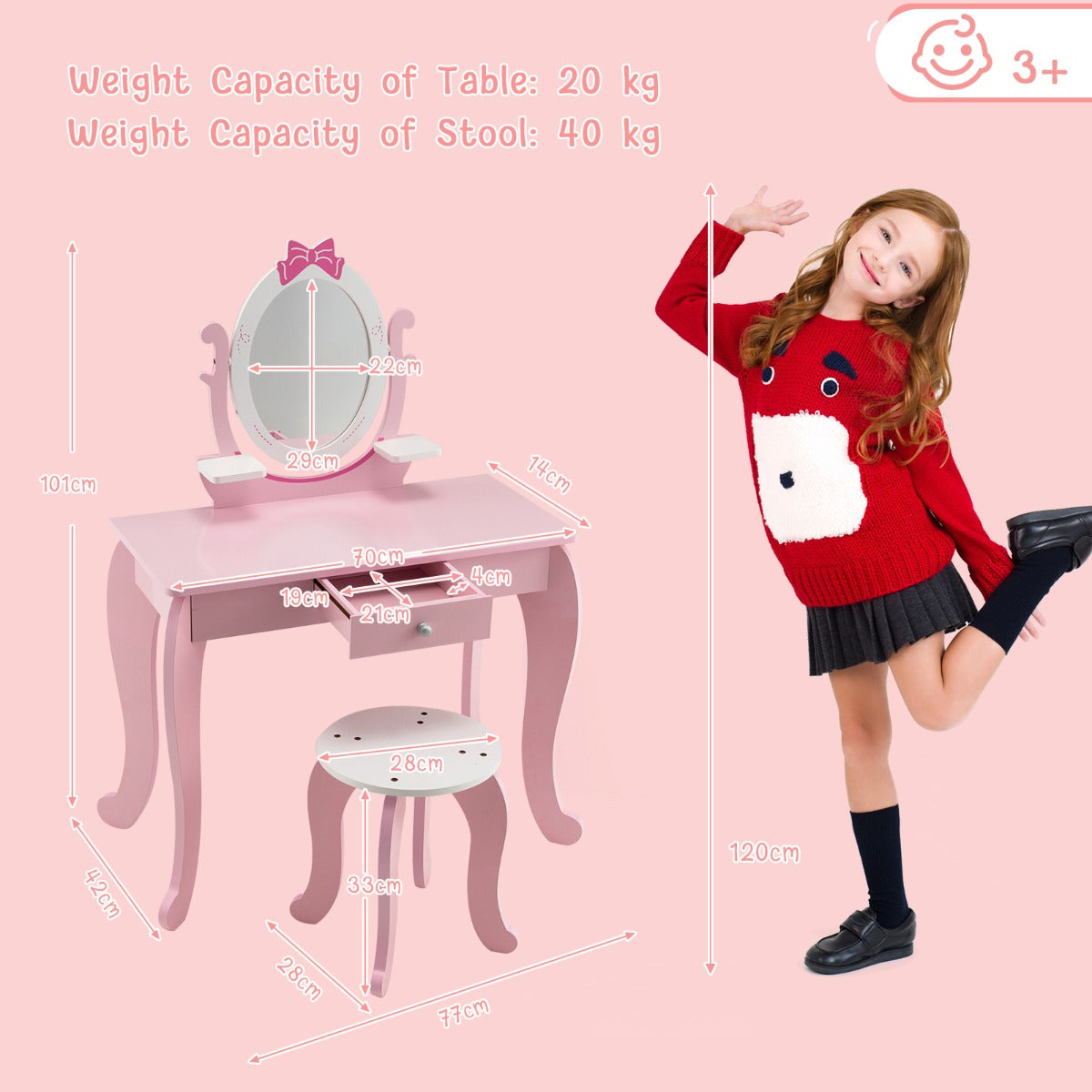2 in 1 Kids Vanity Table with Stool and 360¬∞ Rotating Mirror-Pink &amp; White