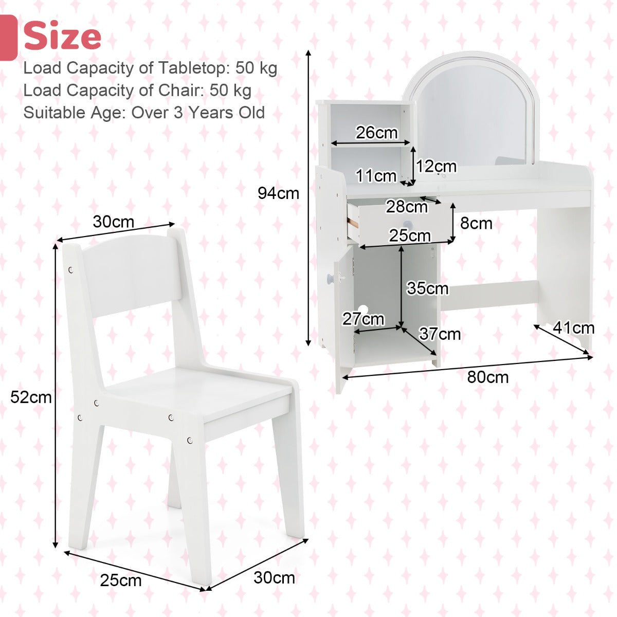 Kids Vanity Table and Chair Set with Shelves Drawer and Cabinet-White