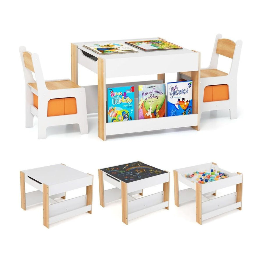 4 in 1 Kids Table and Chairs Set with Reversible Tabletop and Bookshelves-Natural