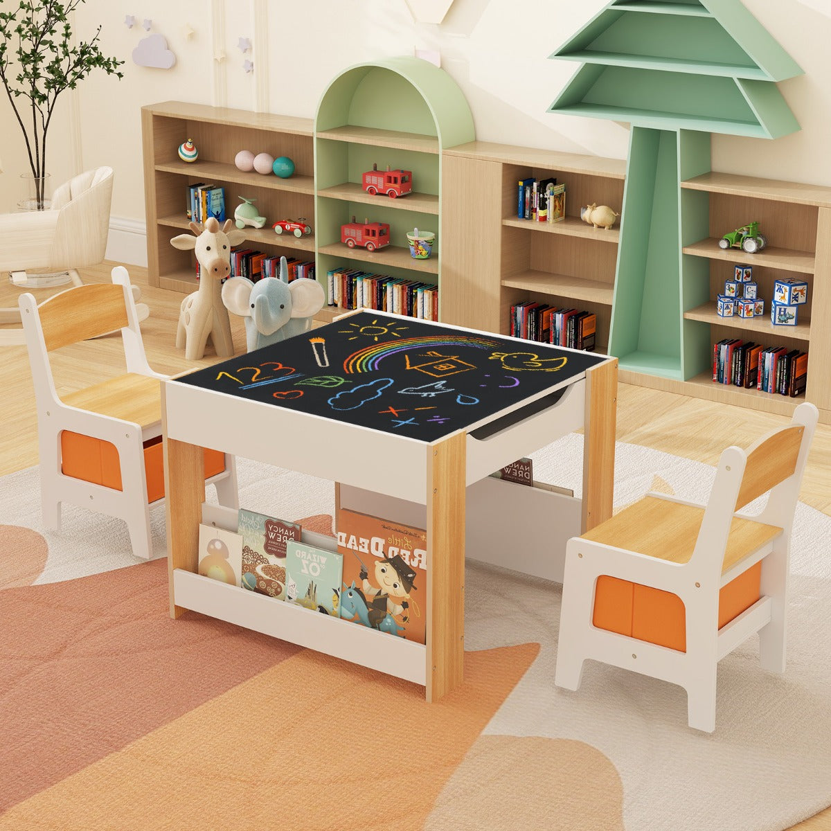 4 in 1 Kids Table and Chairs Set with Reversible Tabletop and Bookshelves-Natural