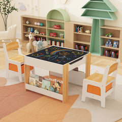 4 in 1 Kids Table and Chairs Set with Reversible Tabletop and Bookshelves-Natural